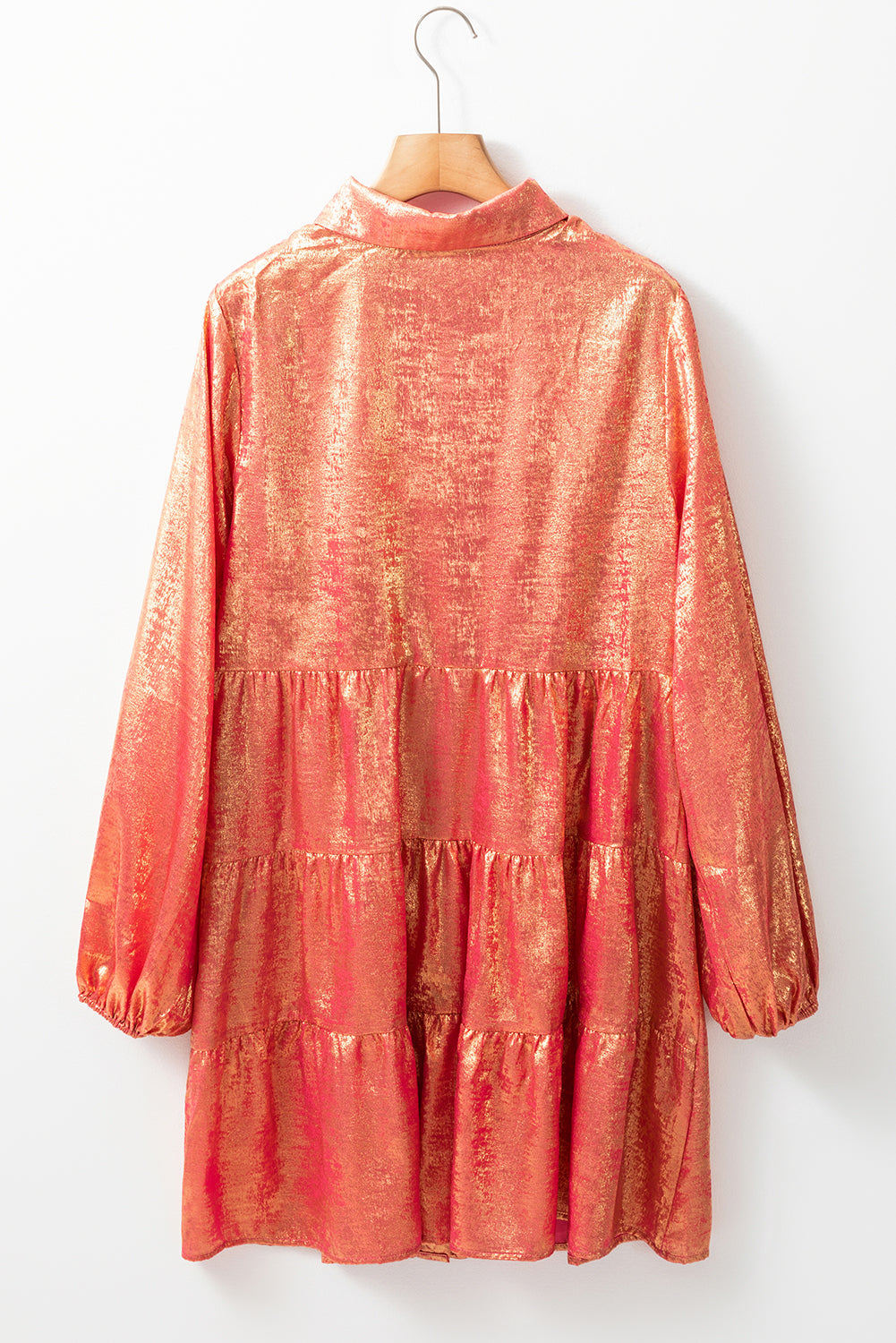 Peach blossom metallic sheen puffärmel button up mini shirt kleid
