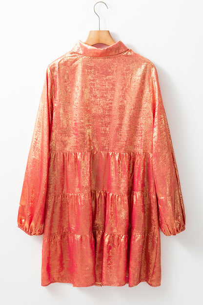 Peach blossom metallic sheen puffärmel button up mini shirt kleid