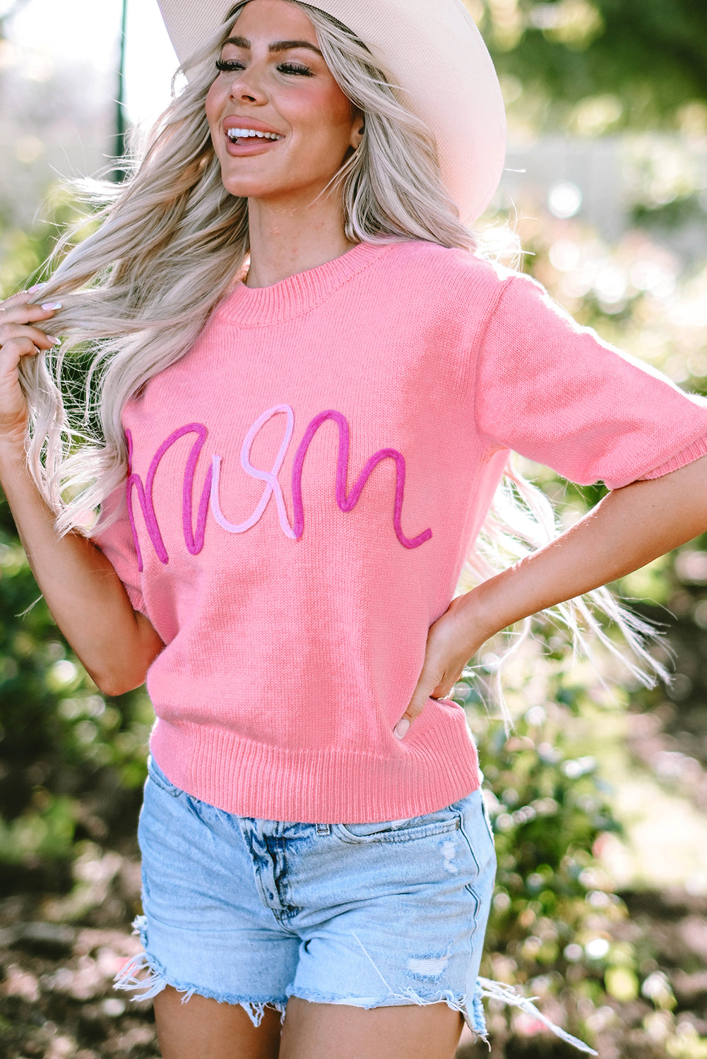 Bonbon mom tinsel front short sleeve pullover