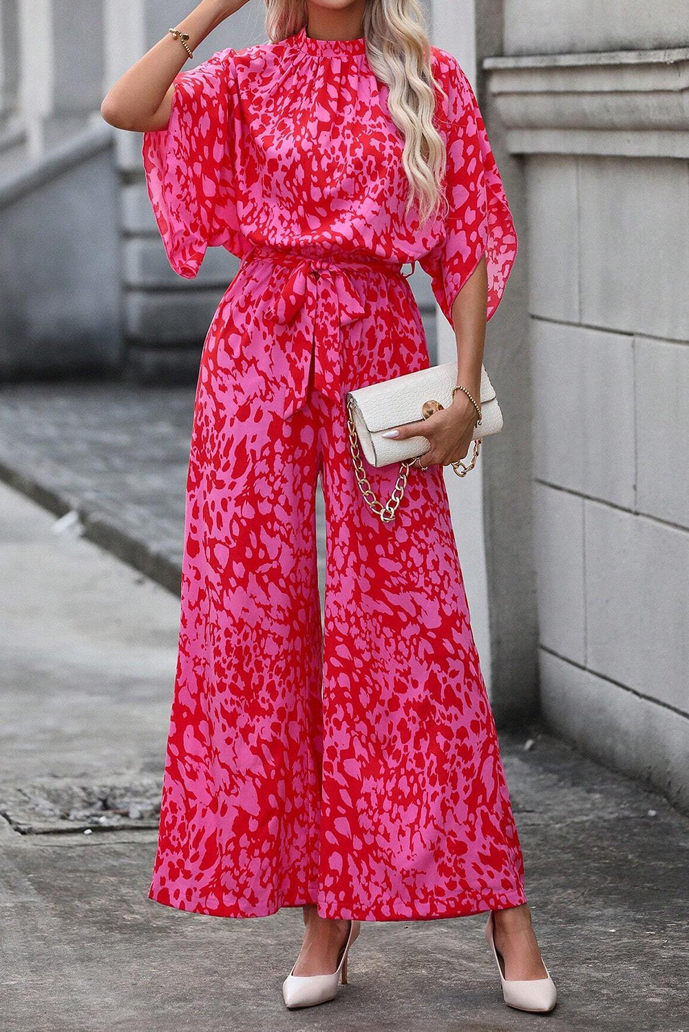 Rose leopard lose ärmel gürtel mit weitem bein jumpsuit