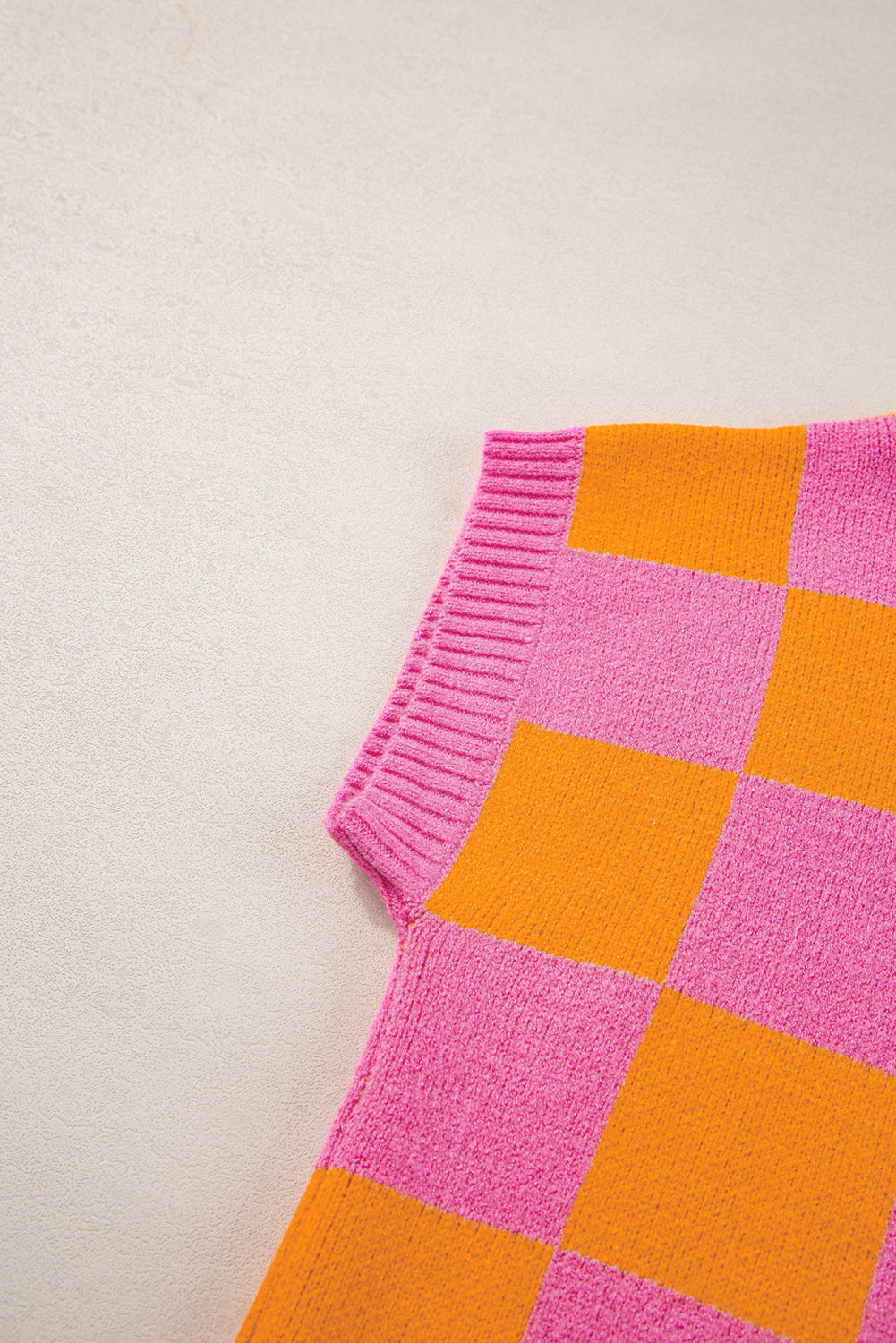 Strawberry pink colorblock plaid pattern ribbed trim sweater tank top