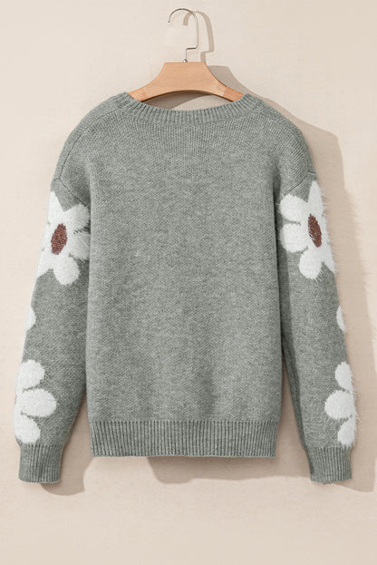 Hellgrauer pullover mit blumenärmeln und hängeschultern
