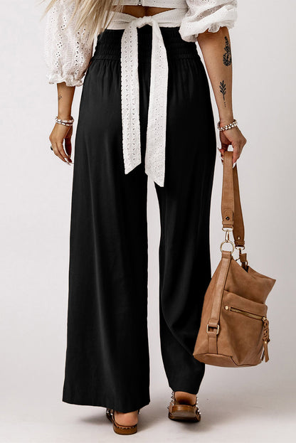 Schwarzer kordelzug elastische taille lässige hose mit weitem bein
