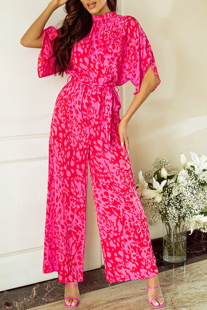 Rose leopard lose ärmel gürtel mit weitem bein jumpsuit