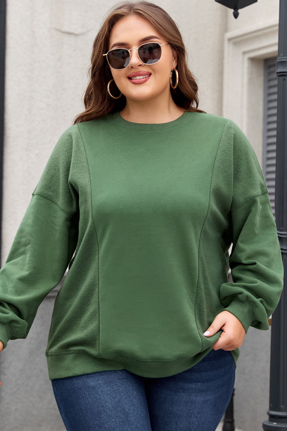 Grünes Sweatshirt Damen in Übergröße mit Rundhalsausschnitt Damen