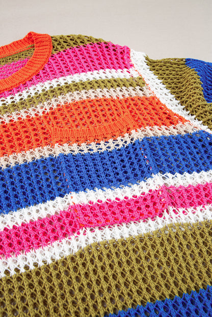 Orange gestreifter colorblock pullover mit 3/4-ärmeln aus gehäkeltem material
