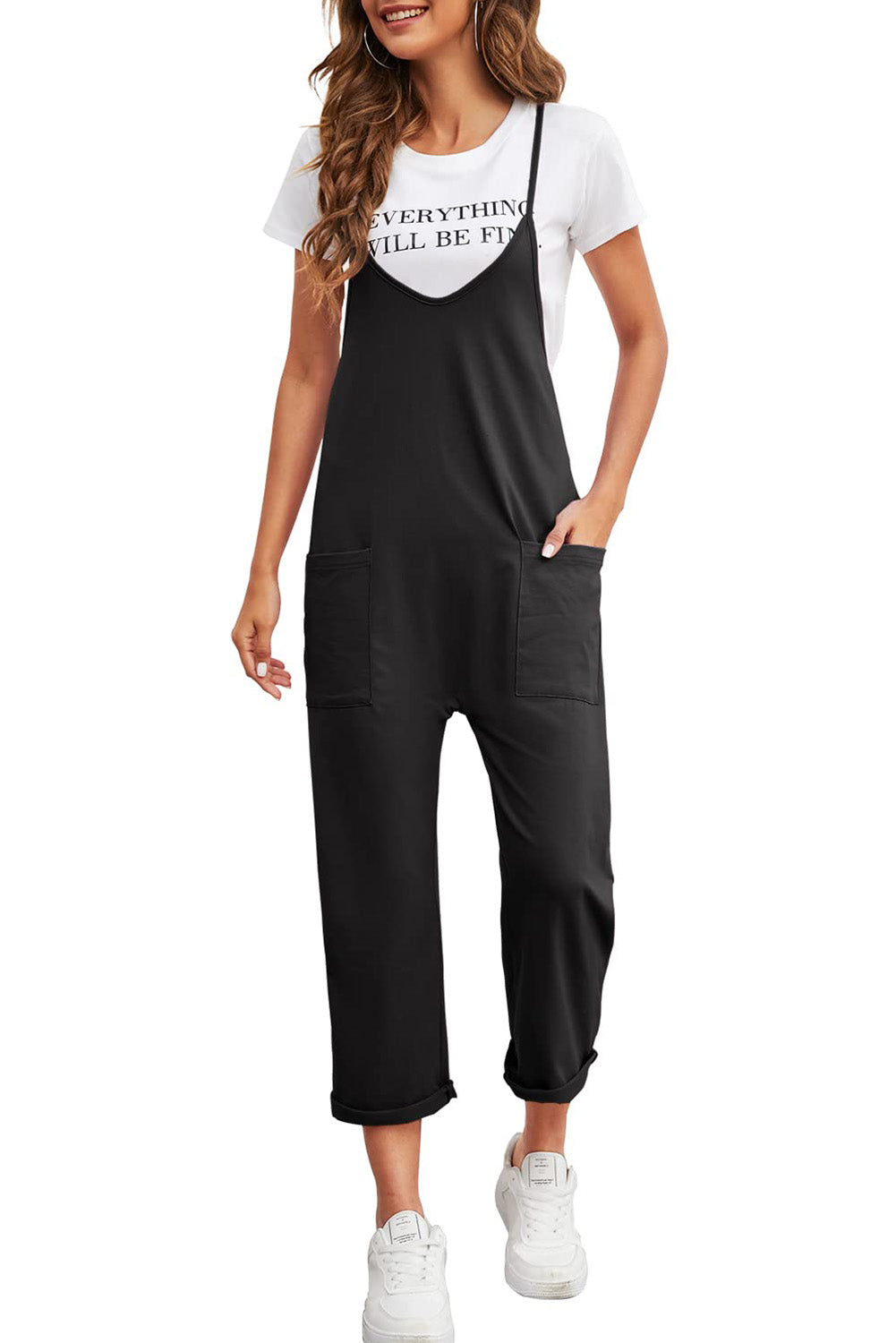 Schwarzer pocketed adjustable spaghetti strap straight leg jumpsuit