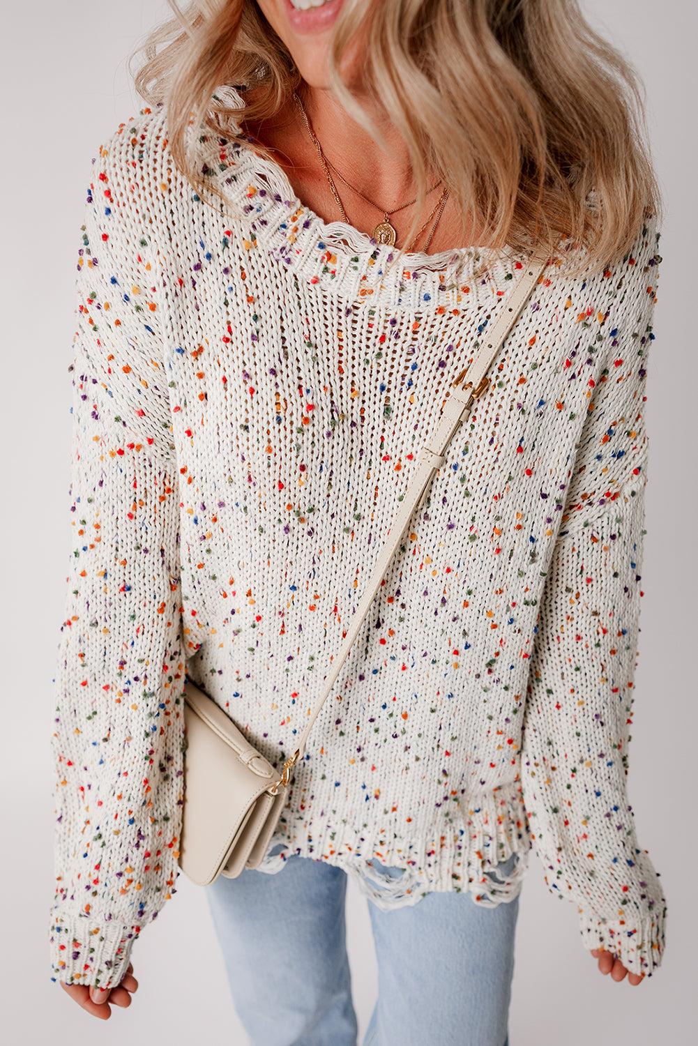 Weißer bunter konfetti distressed strickpullover