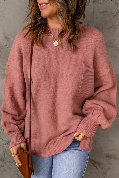 Unifarbener pullover mit puffärmeln und taschen