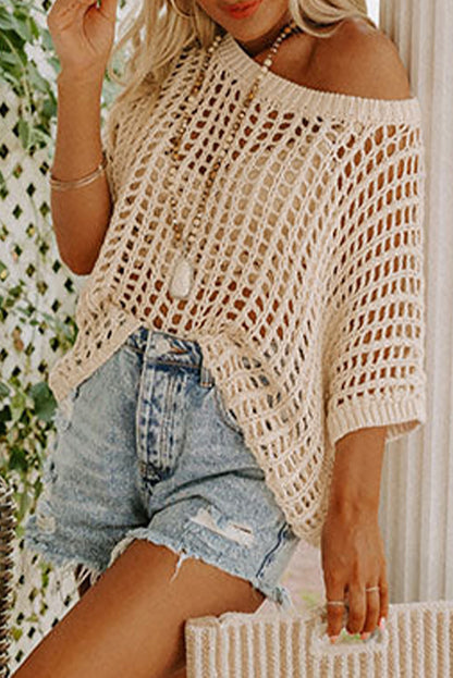 Apricot fischnetz strick gerippt rundhalsausschnitt kurzarm pullover tee