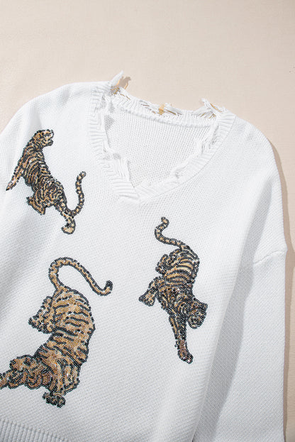 Weißer ausgefranster pailletten-tiger-pullover