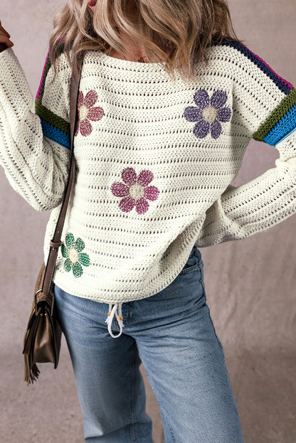 Weißer gänseblümchen-pointelle-strickpullover