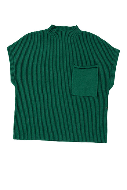 Schwarz-grüner aufgesetzter rippenstrickpullover mit kurzen ärmeln