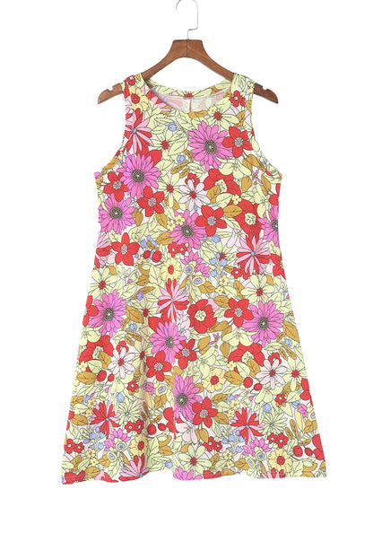 Feuriges rot rundhalsausschnitt ärmelloses florales minikleid