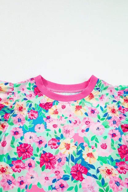 Multicolour floral print flatterärmel gerafftes minikleid