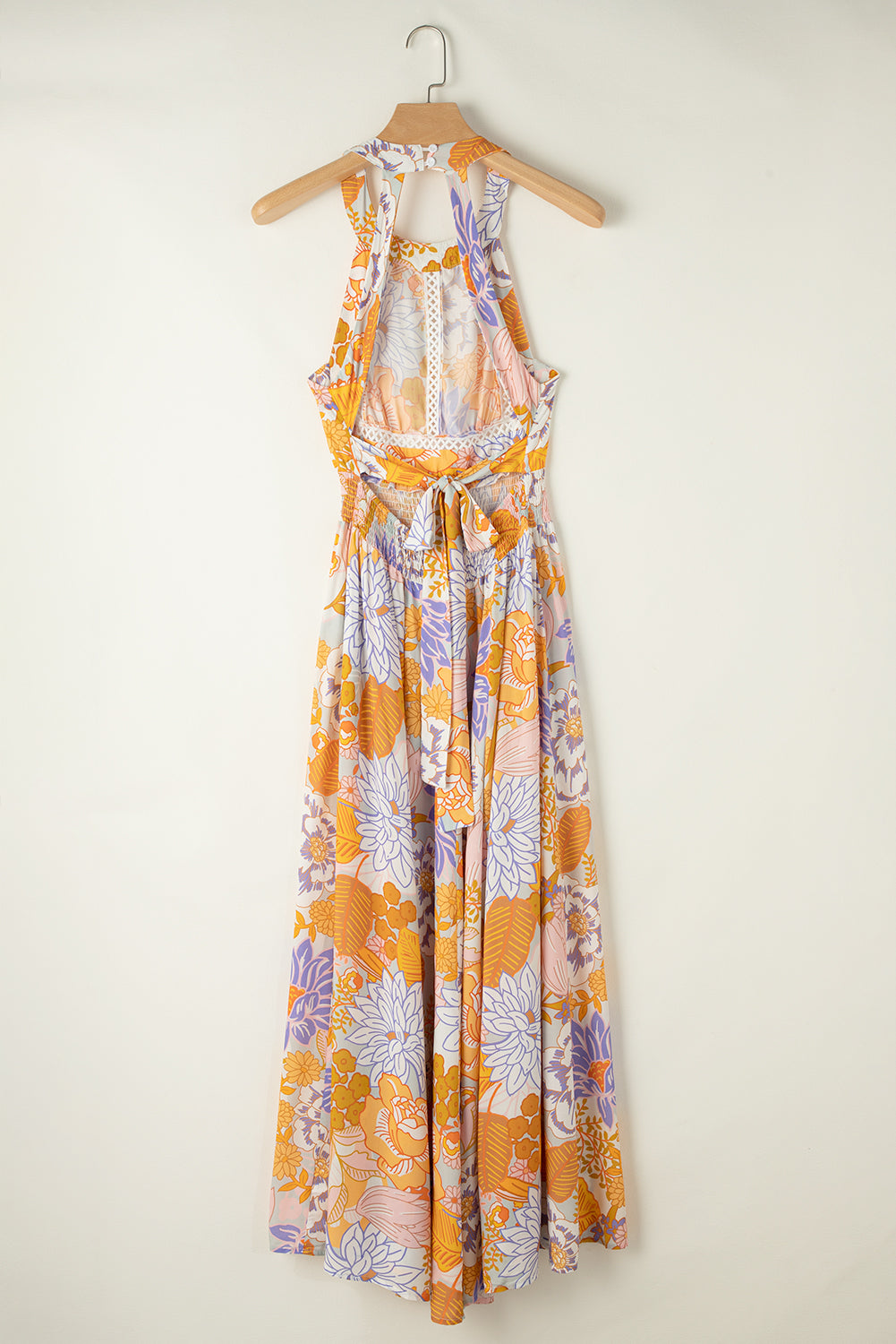Orange boho floral rückenfreie spitze ärmelloses maxikleid