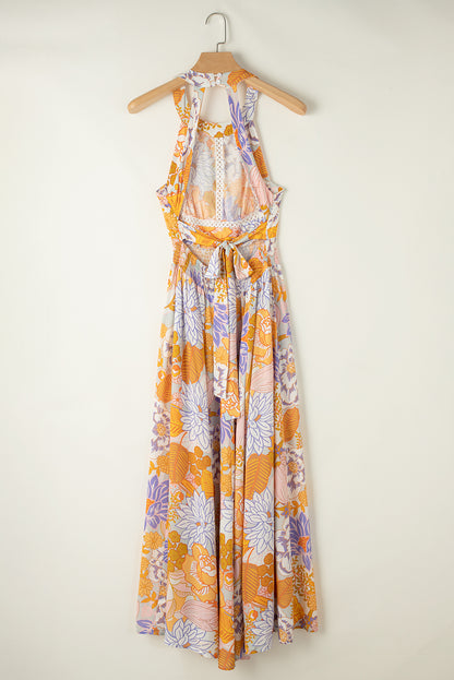 Orange boho floral rückenfreie spitze ärmelloses maxikleid