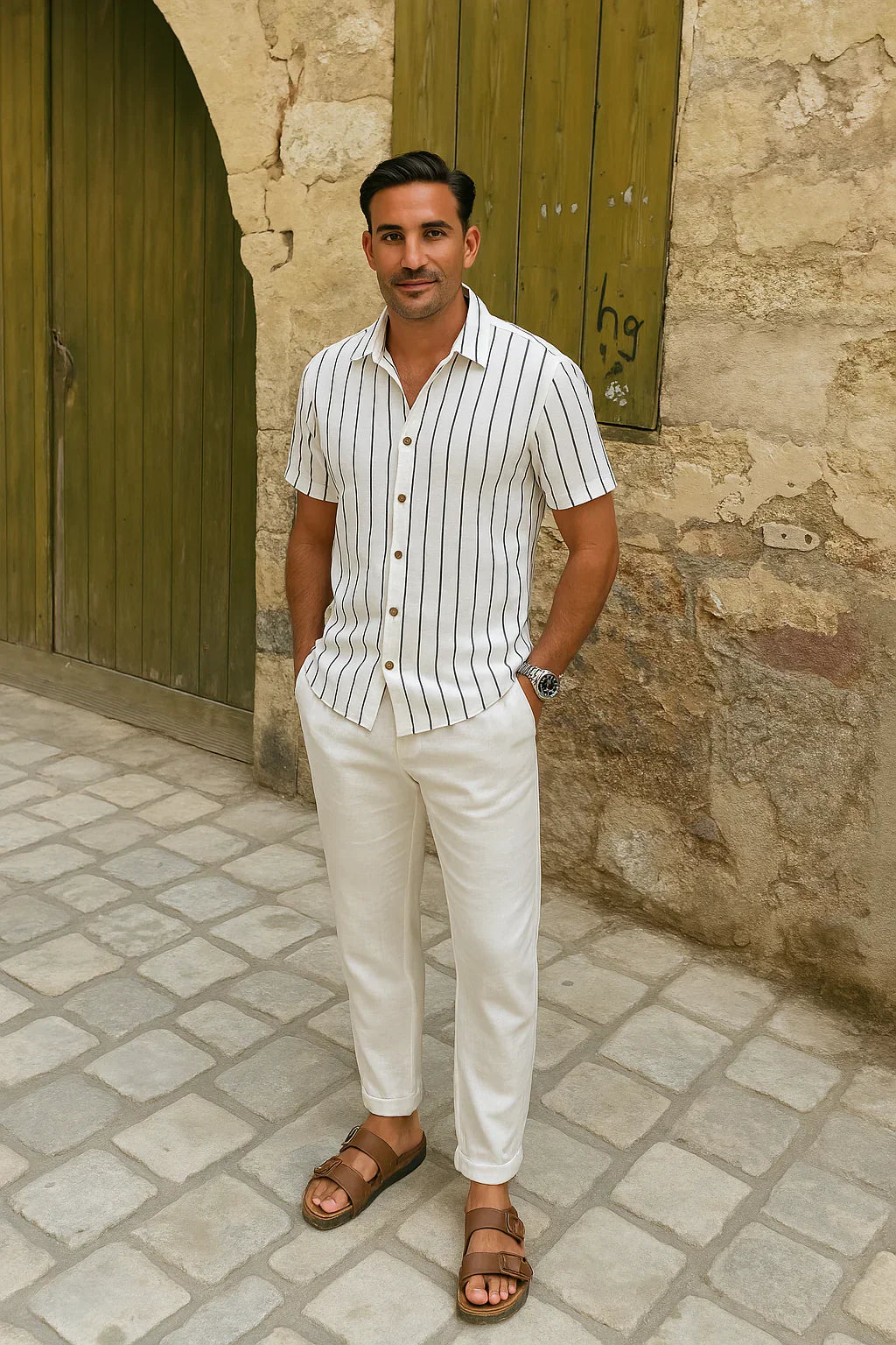 Stilvolles herren-sommerset – gestreiftes hemd und hose aus leinenmischgewebe – herren