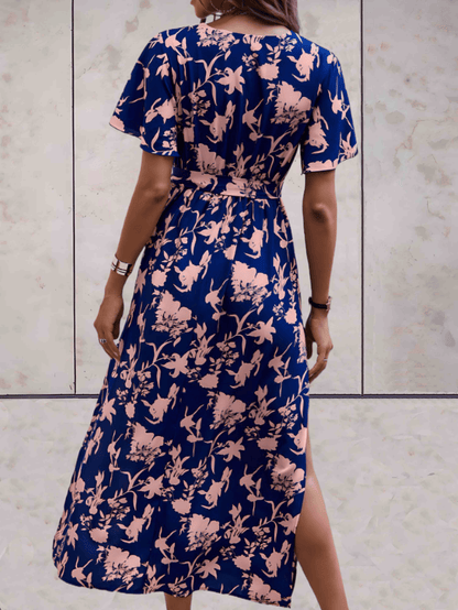'Amelia' Midi-Kleid Blumendruck und hohem Schlitz