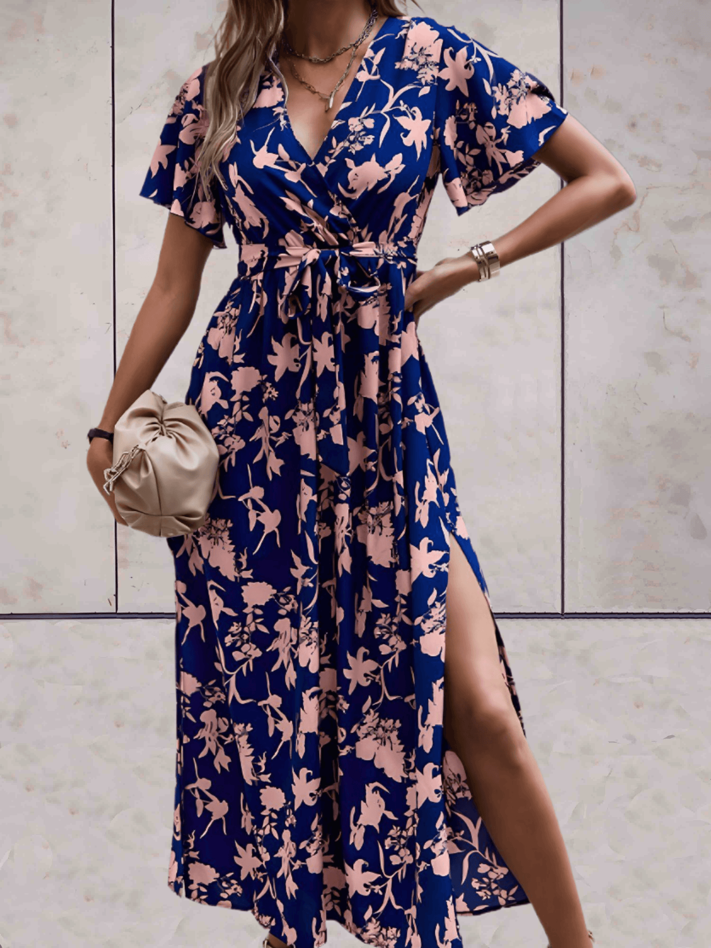 'Amelia' Midi-Kleid Blumendruck und hohem Schlitz